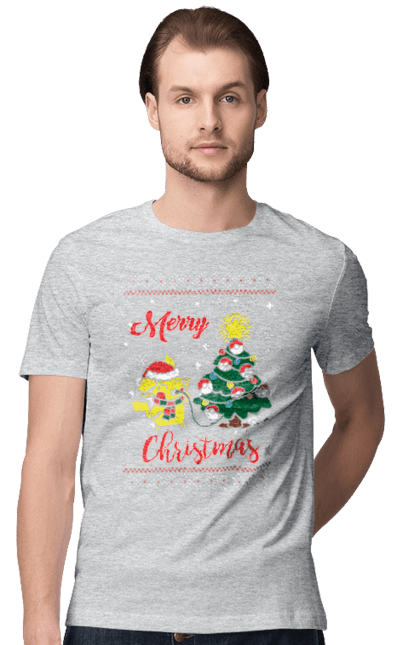 Футболка чоловіча з принтом "Пікачу Веселого Різдва!". Christmas, merry christmas, nintendo, pikachu, pokemon, аніме, гра, пікачу, покемон, різдво. 2070702