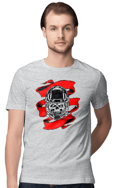 Футболка мужская с принтом Череп в мотошлеме. Лента, мото, череп, шлем. 2070702