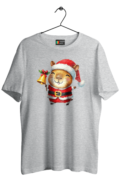 Men's t-shirt with prints Funny capybara with a bell. Animal, bell, capybara, christmas, christmas capybara, gift, holiday, new year, new year`s gift, santa. 2070702