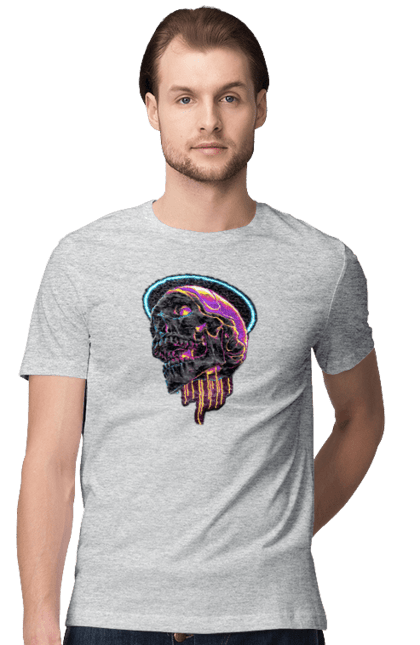 Men's t-shirt with prints Skull. Black and white, bones, neon, scull, teeth. 2070702