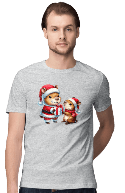 Men's t-shirt with prints Christmas Capybara with a Gift. Animal, capybara, christmas, christmas capybara, gift, holiday, new year, new year`s gift, santa. 2070702