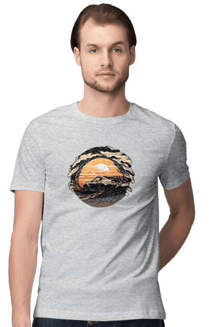 Футболка чоловіча з принтом "Додж на заході сонця". Авто, автомобіль, додж, машина, машини. 2070702