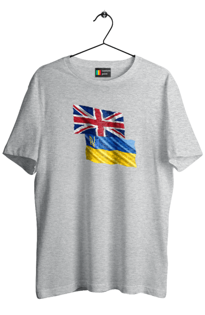 Men`s t-shirt with prints Flag United Kingdom, Flag Ukraine, Support Ukraine. Flag united, flag united kingdom, global peace, great britain, kiev, national colors, national team, peace for ukraine, proud grandpa, support ukraine, ukraine, ukraine flag, ukraine war, united kingdom, war, zelensky. 2070702