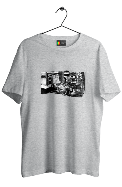 Футболка чоловіча з принтом "Небезпечний Автомобіль на дорогах вулиць". Автомобіль, гонки, машина, небезпечний, чорно білий, швидкий. 2070702