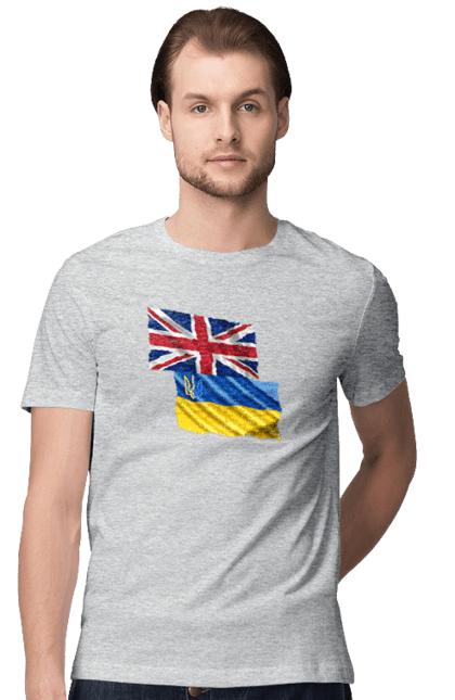 Men`s t-shirt with prints Flag United Kingdom, Flag Ukraine, Support Ukraine. Flag united, flag united kingdom, global peace, great britain, kiev, national colors, national team, peace for ukraine, proud grandpa, support ukraine, ukraine, ukraine flag, ukraine war, united kingdom, war, zelensky. 2070702