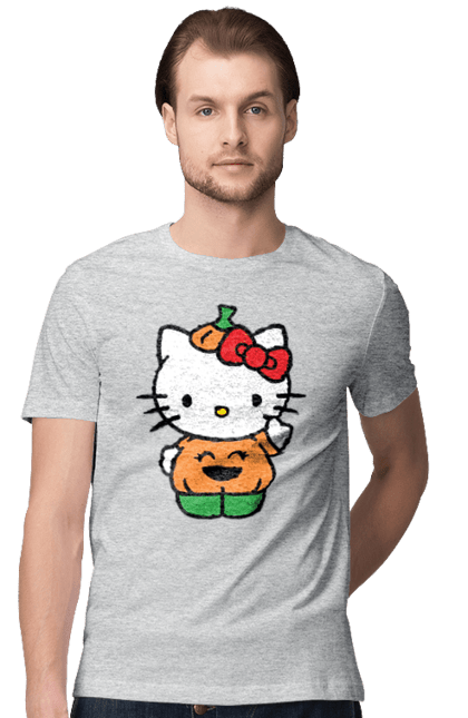 Футболка мужская с принтом Хелло Китти Хэллоуин. Halloween, hello kitty, бренд, котенок, персонаж, тыква, хелло китти, хэллоуин. 2070702