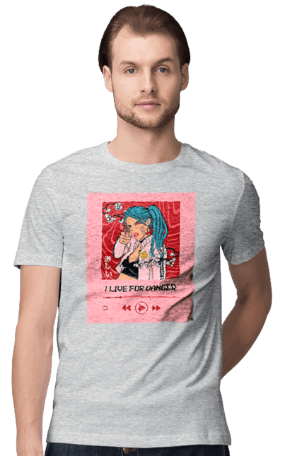 Футболка чоловіча з принтом "I Live For Danger". Аніме, музика, пістолет, програвач. 2070702