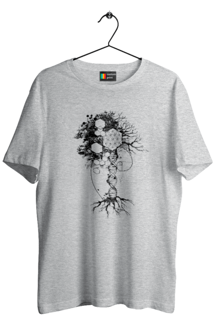 Футболка чоловіча з принтом "Древо життя". Геном людини, дерево життя, золотий перетин, квітка життя, сакральна геометрія, таємниця світобудови, таємниця числа фібоначчі, число бога, число фібоначчі. 2070702