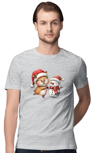 Men's t-shirt with prints Capybara and Snowman. Animal, capybara, christmas, christmas capybara, gift, holiday, new year, new year`s gift, santa, snowman. 2070702