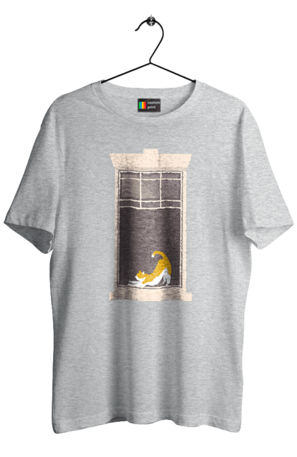 Футболка чоловіча з принтом "Кіт В Вікні". Вікно, кіт, потягушки, рудий. 2070702