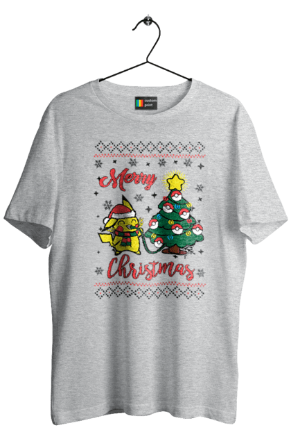 Футболка чоловіча з принтом "Пікачу Веселого Різдва!". Christmas, merry christmas, nintendo, pikachu, pokemon, аніме, гра, пікачу, покемон, різдво. 2070702