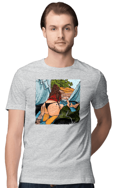 Футболка чоловіча з принтом "Відпочинок З Улюбленою У Палатці". Відпочинок, жопа, палатка, собака. 2070702