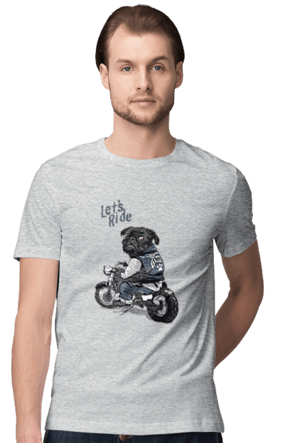 Футболка чоловіча з принтом "Мопс на мотоциклі". Байкер, мопс, мотоцикл, собака, тварини. 2070702