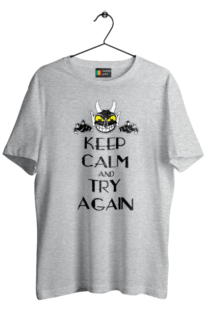 Футболка мужская с принтом Сохраняй спокойствие и пробуй еще раз. Keep calm, try again, демон, сатана, сохраняй спокойствие, спокойствие, черт. 2070702