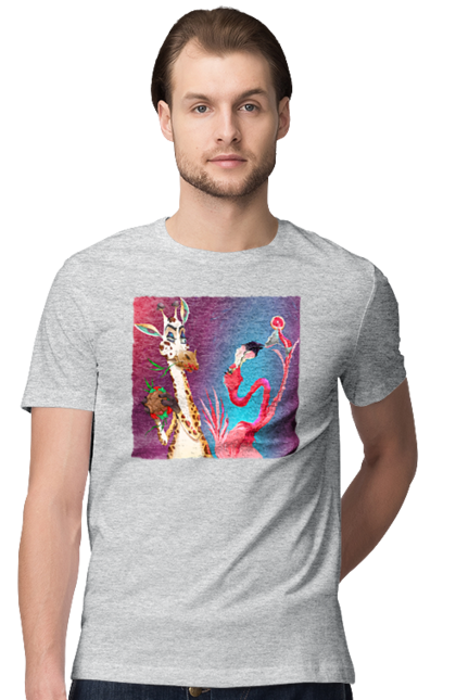 Футболка чоловіча з принтом "Жираф І Фламінго На Вечірці". Жираф, їжа, коктейль, фламінго. 2070702