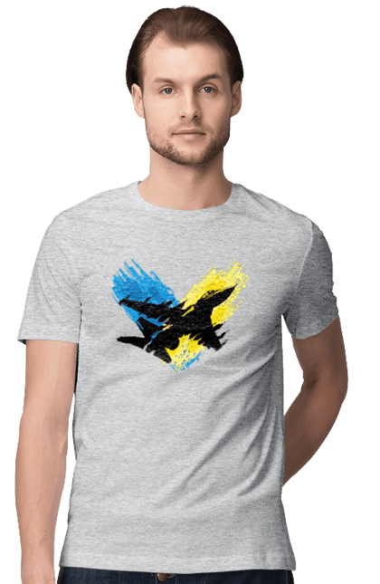 Футболка чоловіча з принтом "Літак F 16". З прапором, зсу, літак, літак f16, патріотична, прапор, ф16. 2070702