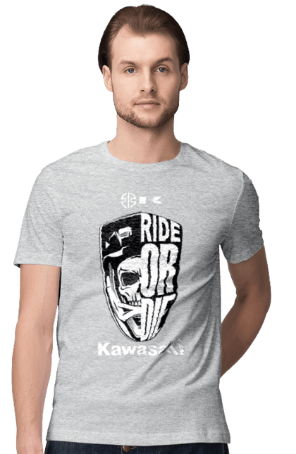 Футболка мужская с принтом Kawasaki. Kawasaki, ride or die, бренд, мотоцикл, спорт, череп. 2070702