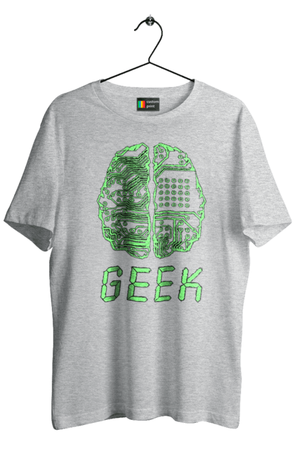 Футболка чоловіча з принтом "Гик Мозок Неоновий". Айті, айтішник, гик, друкована плата, зелений, знання, інженер, кібер, кібернетика, кіборг, код, комп, комп’ютерник, кристал, мікросхема, мозок, неон, неоновий, програміст, професіонал, професія, розробник, розум, світиться, світло, чіп. 2070702