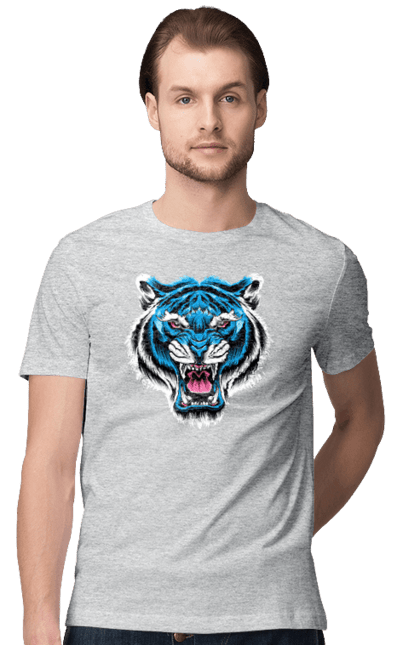 Футболка чоловіча з принтом "Блакитний тигр". Блакитний тигр, голова тигра, тварини, тигр. CustomPrint.market