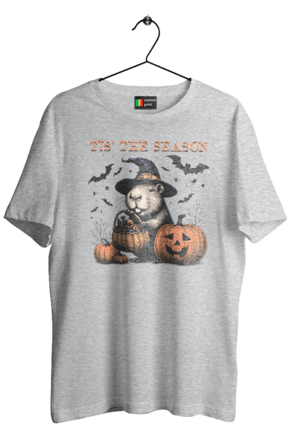 Men's t-shirt with prints Capybara Halloween. Animal, capybara, ghost, halloween, holiday, moon, pumpkin, rodent, witch. 2070702