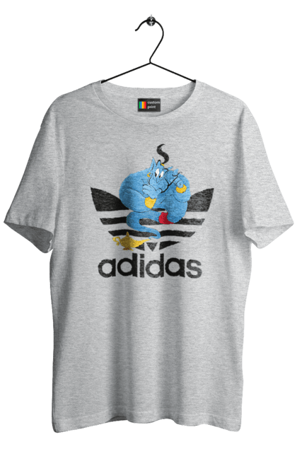 Футболка мужская с принтом Adidas Джинни. Adidas, aladdin, genie, адидас, аладдин, джинни, мультфильм, персонаж. 2070702