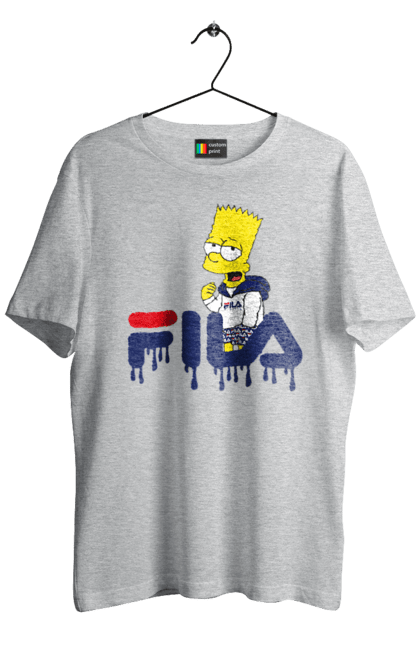 Футболка мужская с принтом Барт FILA. Bart, simpsons, барт, мультфильм, симпсоны, спорт, спортивная одежда. 2070702