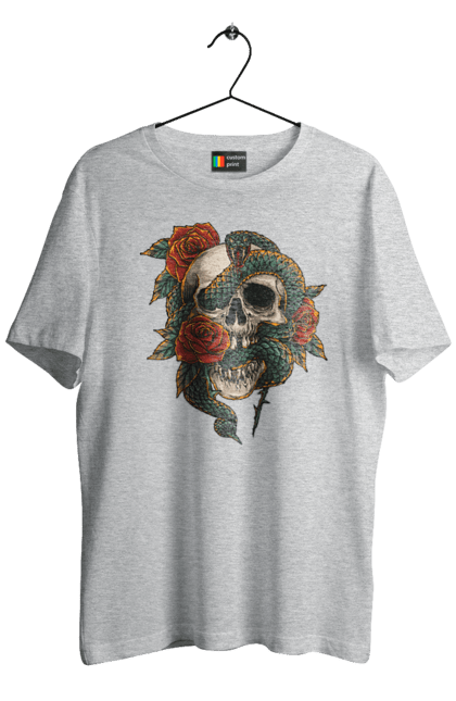 Men's t-shirt with prints Skull with a snake. Bones, flowers, roses, scales, scull, snake, spikes, teeth. 2070702