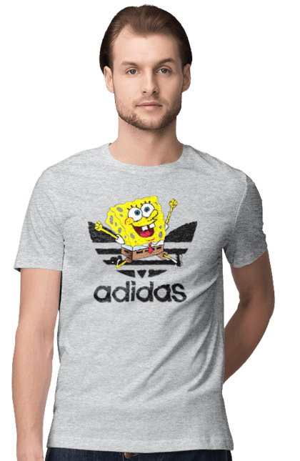 Футболка мужская с принтом Adidas Губка Боб. Adidas, spongebob, адидас, баскетбол, губка боб, мультик, мультсериал, мяч, спанч боб, спорт. 2070702