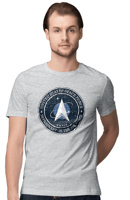 Футболка мужская с принтом Космические силы США. Emblem, political, politics, space, space force, space travel, united states, ussf, космические силы, космические силы сша. 2070702