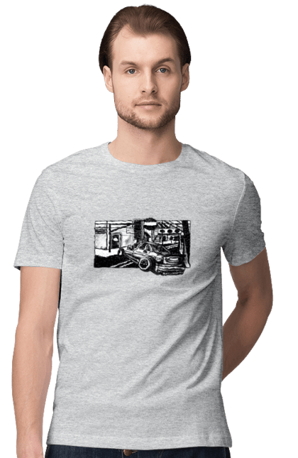 Футболка чоловіча з принтом "Небезпечний Автомобіль на дорогах вулиць". Автомобіль, гонки, машина, небезпечний, чорно білий, швидкий. 2070702