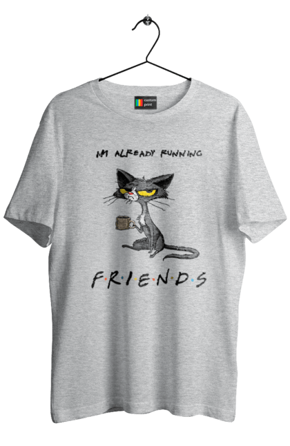 Футболка чоловіча з принтом "Друзі, вже біжу". Вже біжу, відвали, друзі, йди нахуй, кіт з чашкою, не вчіть жити, пародія серіал, сам собі друг, самотність сука, серіал кіт. 2070702