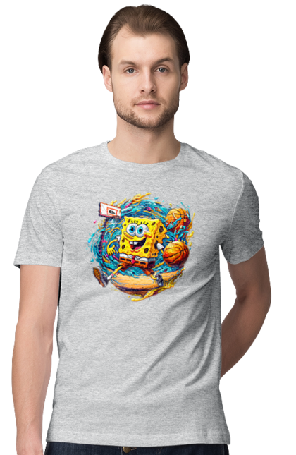 Футболка мужская с принтом Губка Боб. Spongebob, баскетбол, губка боб, мультик, мультсериал, мяч, спанч боб, спорт. 2070702