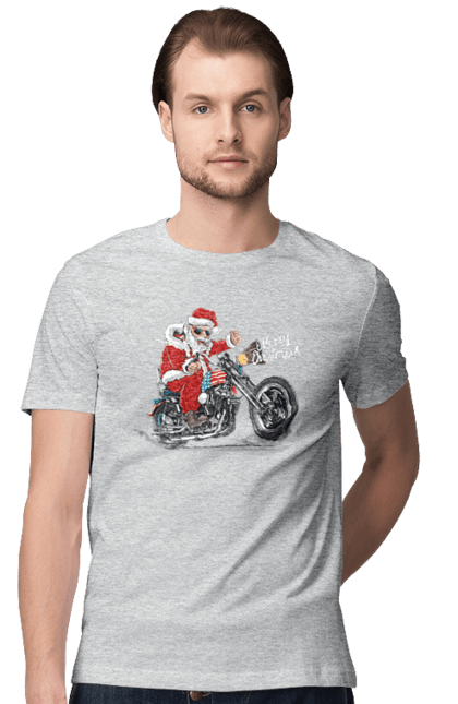 Футболка чоловіча з принтом "Санта в окулярах на мотоциклі". Байкер, дід мороз, зима, мотоцикл, новий рік, різдво, санта, санта клаус, сніг, щасливого різдва. futbolka.stylus.ua