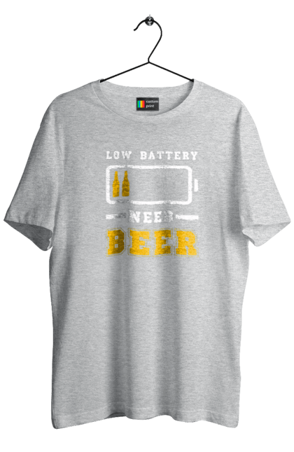 Футболка чоловіча з принтом "Low battery need beer". Алкоголь, брутальні, літні, пиво, прикольні принти, чоловічі. 2070702