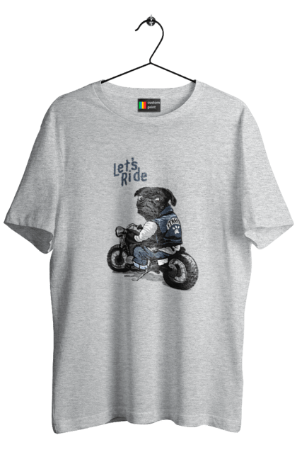 Футболка чоловіча з принтом "Мопс на мотоциклі". Байкер, мопс, мотоцикл, собака, тварини. 2070702