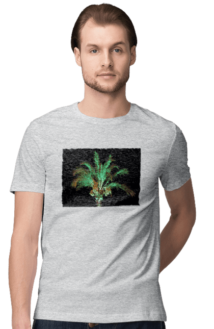 Футболка чоловіча з принтом "Фінікова Пальма Вночі". Берег, відпочинок, відпустка, зелений, море, ніч, оазис, океан, острів, пальма, південь, подорож, пригоди, тропіки, фінікова, чорне. 2070702