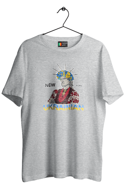 Футболка чоловіча з принтом "UA & NY". Вишиванка, вінок, нью йорк, статуя свободи, україна. 2070702