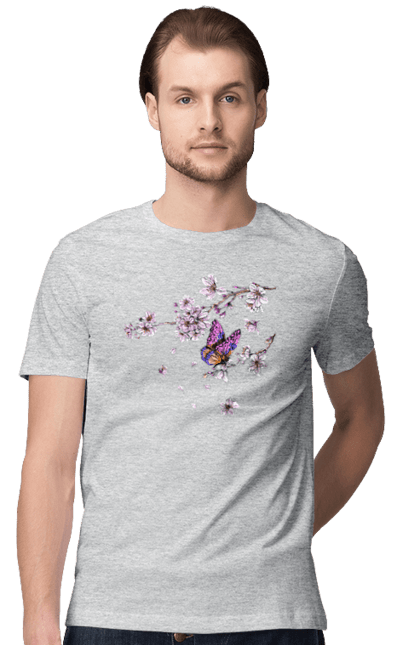 Men`s t-shirt with prints Butterfly And Sakura. Butterfly, sakura, spring, wood. 2070702