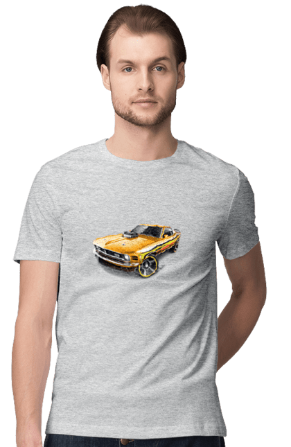 Футболка чоловіча з принтом "Форд мустанг". Американська легенда, жовтий мустанг, культове авто, мустанг, потужне авто, форд мустанг, шелбі. 2070702
