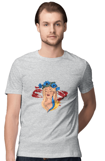 Men`s t-shirt with prints Girl on the map of Ukraine. Blue, flag, flowers, girl, girl on the map, map of ukraine, red, ukraine, yellow. 2070702