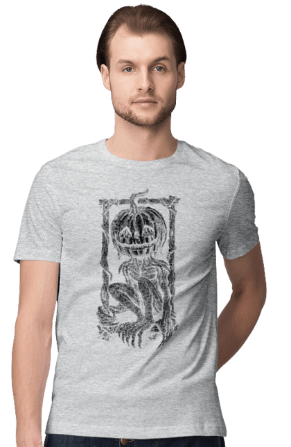 Men's t-shirt with prints Scarecrow. Autumn, claws, frame, halloween, horror, pumpkin, scarecrow, skeleton, smile. 2070702