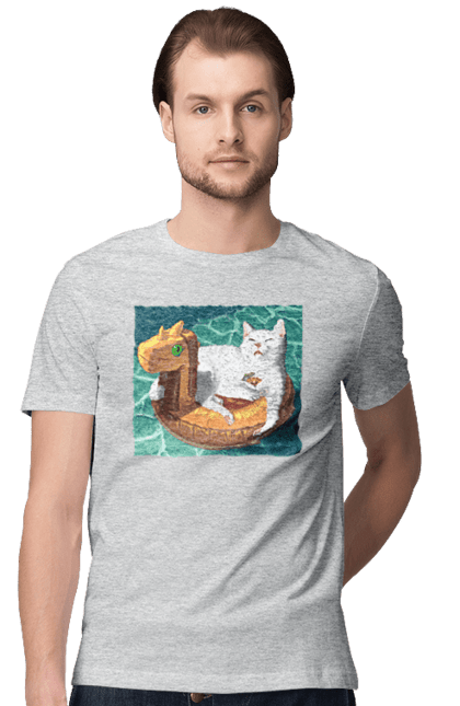 Футболка чоловіча з принтом "Білий кіт у плавальному колі, на відпочинку". Басейн, відпочинок, кіт, коктейль, море, плавальний круг. 2070702