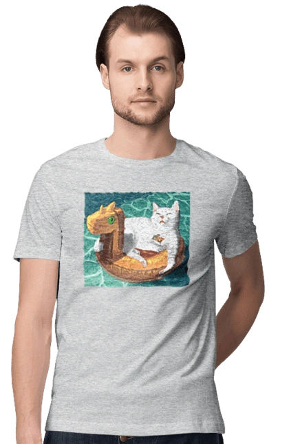 White cat in a swimming circle on vacation