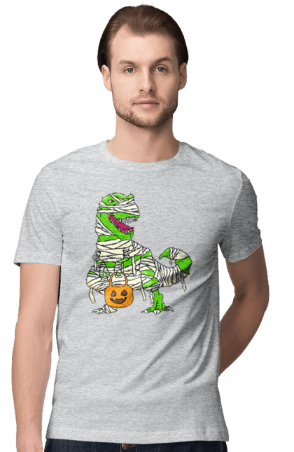 Men's t-shirt with prints Halloween Dinosaur. Costume, dinosaur, halloween, holiday, october, october 31, pumpkin, sweets, trick or treat. 2070702