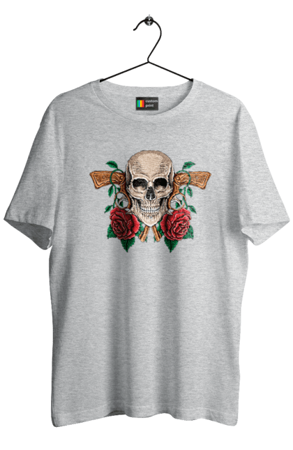 Men's t-shirt with prints Skull with roses. Bones, eyes, flowers, gun, leaves, rose flower, scull, spikes, teeth. 2070702