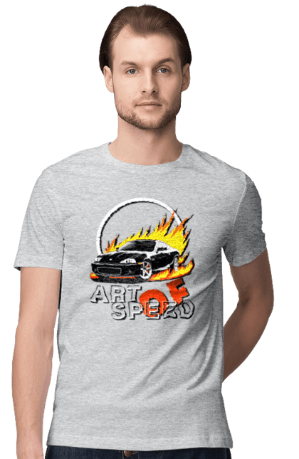 Футболка чоловіча з принтом "Автомобіль у вогні". Авто, автомобіль у вогні, гонка, дрейф, спорт, спортивна машина, швидкість. 2070702