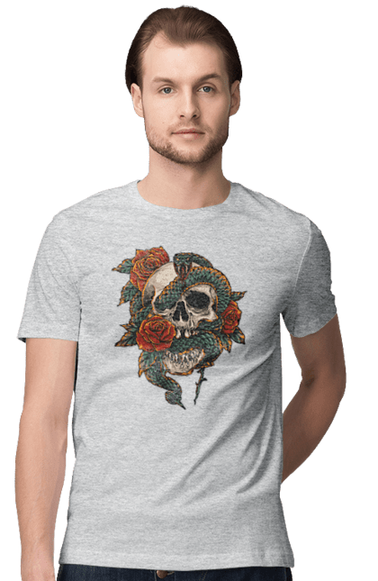 Men's t-shirt with prints Skull with a snake. Bones, flowers, roses, scales, scull, snake, spikes, teeth. 2070702