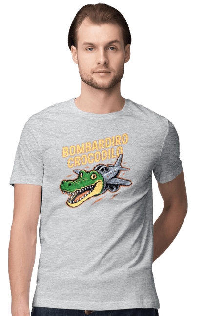 Футболка чоловіча з принтом "Bombardino Crocodilo". Bombardino, bombardino crocodilo, crocodilo, бомбардиро крокодило, бомбардіно крокоділо, крокодил, крокодил літак, крокодил мем, мем бомбардине крокодило, меми. 2070702