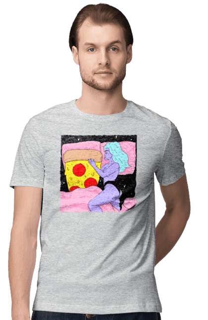 Футболка чоловіча з принтом "Фіолетова Дівчина І Піца". Дівчина, ліжко, піца. 2070702