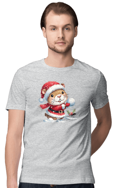 Men's t-shirt with prints Capybara playing snowballs. Animal, capybara, christmas, christmas capybara, game, gift, holiday, new year, santa, snowballs. 2070702